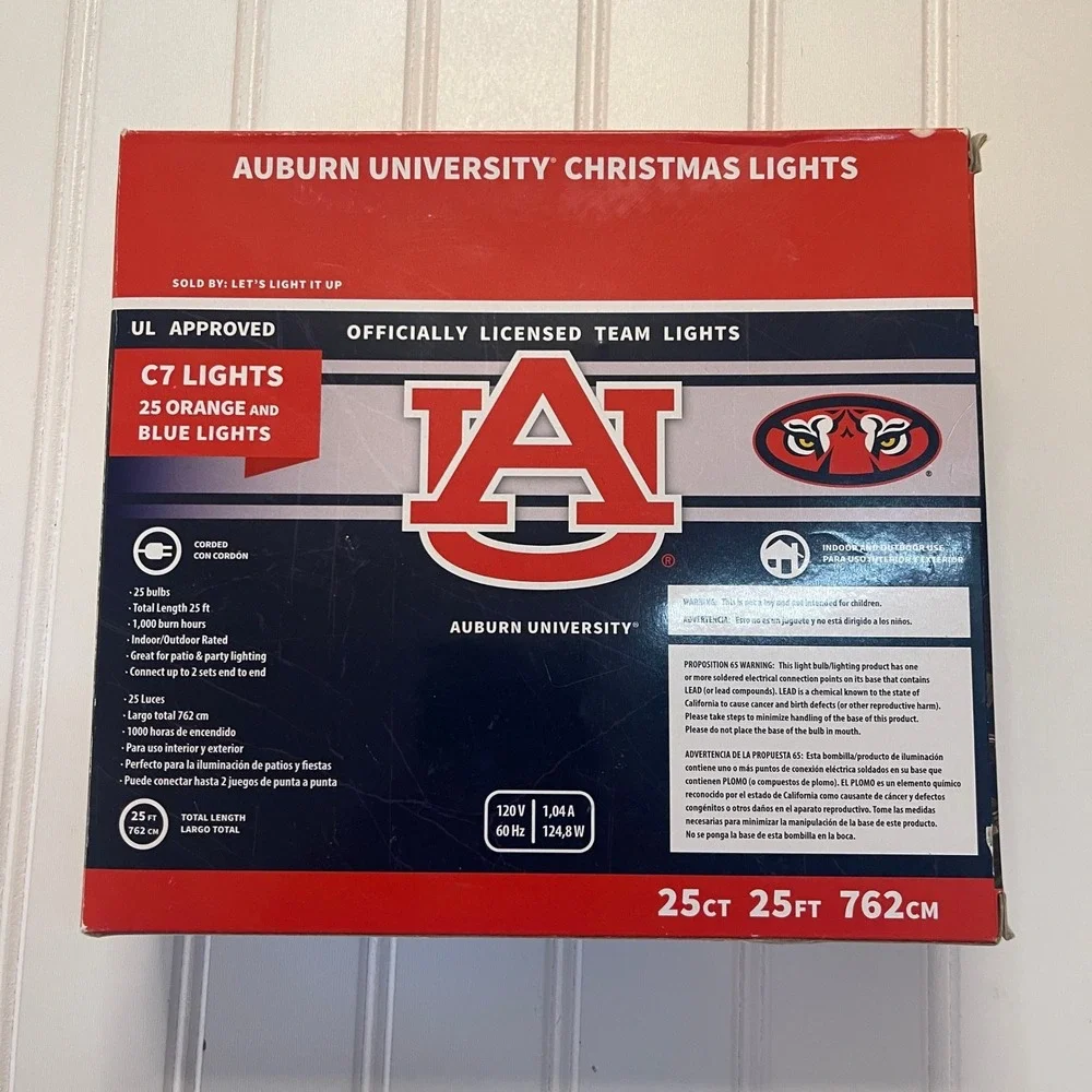 NEW Auburn University Christmas Lights 25ft C7 Orange Blue 25 Count NCAA Tigers